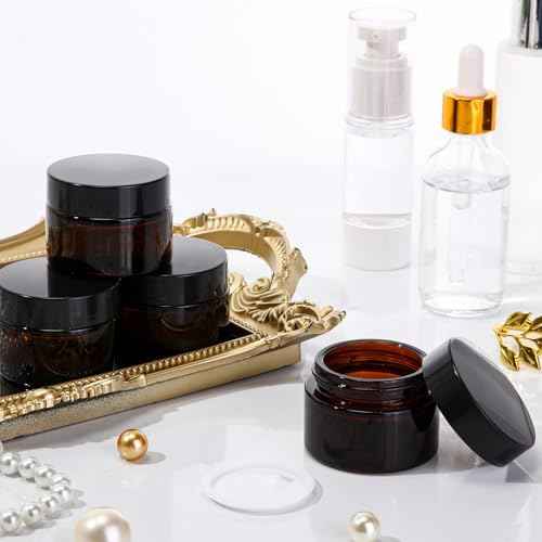Patelai 4 Pack Amber Glass Jars with Lids, 1 oz Thick Amber Round Glass Jars for Travel Storage Makeup Beauty Products Face, Leakproof and Dishwasher Safe