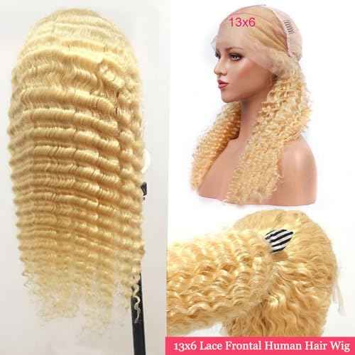 613 Lace Front Wig Human Hair Pre Plucked with Baby Hair Deep Wave Blonde Virgin Hair Pre Plucked 13x6 HD Transparent Frontal Wigs with Baby Hair 24 Inch 150% Density Glueless Curly Wigs for Women