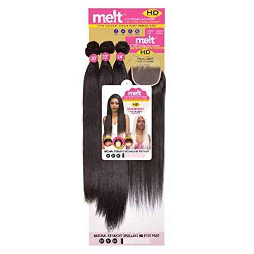 Janet melt 4x5 Invisible Lace Closure HD Free Part Transparent Lace Frontal Closure Natural Virgin Remy Human Hair MELT CLOSURE NATURAL STRAIGHT 3PCS (12"14"16", NATURAL)