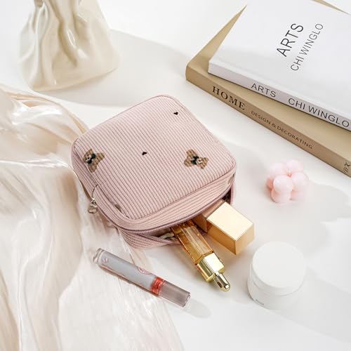 Cute Small Corduroy Zipper Makeup Bag, Mini Coquette Aesthetic Pouch with Bear Pattern for for Purse,Key Pocket Lipstick Bag Card Holder Data Cable Organizer for Women Girls (02Biege Bear)