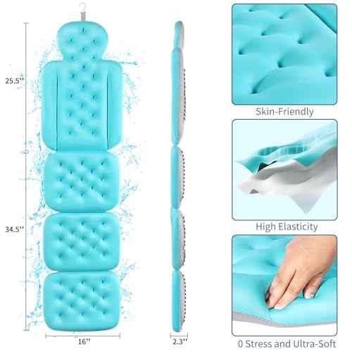 Luxury Bath Cushion, Full Body Bathtub Pillow with 160 Suction Cups, Bath Mat for Head and Neck Support, with Laundry Bag (Blue, 60.2" x 16.2")