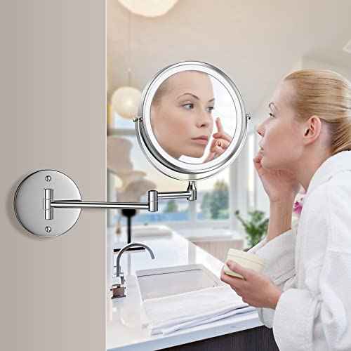 Rocollos Rechargeable Wall Mounted Lighted Makeup Mirror, 8 Inch Double-Sided LED Vanity Mirror 1X/7X Magnification,3 Color Lights Touch Screen Dimmable 360¡ÆSwivel 13 Inch Extendable
