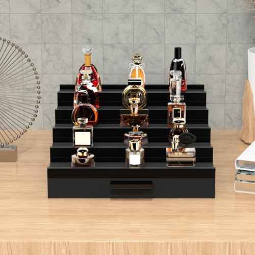 Zalida Wooden Cologne Organizer for Men 5 Tier of Perfume Display Holder of Drawer & 2 Hidden Compartments Larger Storage Space Mens Perfume Organizer Shelf Stand ,Gift for Man (5T-Black)