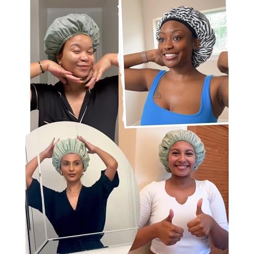 Yanibest Shower Cap Reusable Waterproof - Double Layer Shower Caps for Women, Washable Shower Bonnet with Soft Non-Slip Elastic Band, Bath Hair Hat for Most Hair Types
