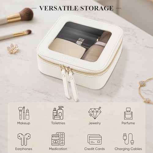 Clear Makeup Bag, Travel Toiletry Bag Cosmetic Case for Women, Waterproof Portable Small Make Up Skincare Pouch with Zipper, Compact Car Organizer Bag for Essentials, Mini Size, Ivory White