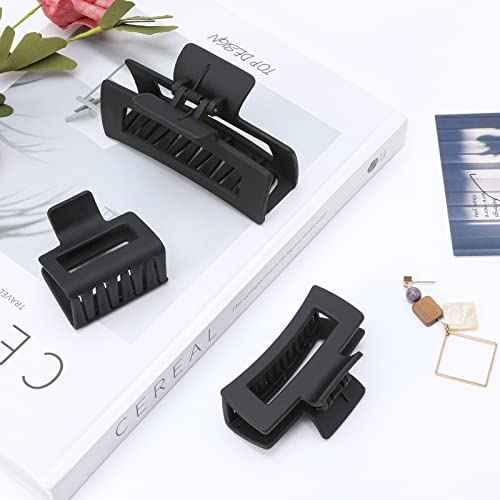 Shinowa 3 Pack Hair Claw Clips, Square Rectangular Claw Hair Clips for Women Girls, Non-slip Matte Large Medium Small Hair Clips, Strong Hold Jaw Clip for Thick Thin Hair, Black