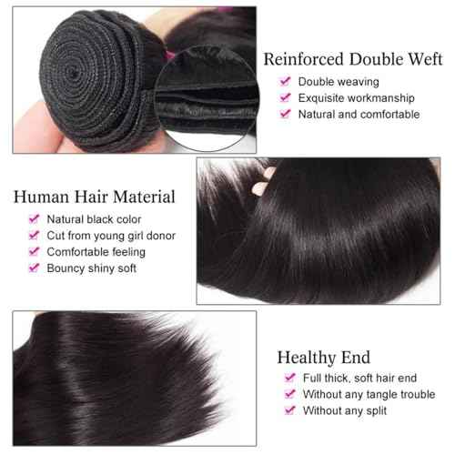 Straight Human Hair Bundles 100% Unprocessed 12A Brazilian Virgin Hair Straight Bundles Human Hair Double Weft 4 Bundles 20 22 24 26 Inch Straight Weave Natural Black