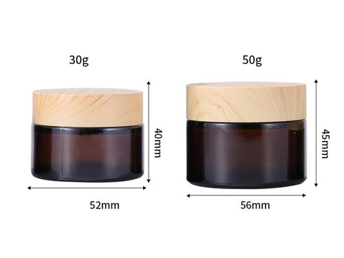4Pack 50g Amber Glass Cosmetic Jars, Empty Sample Containers with Wood Grain Lids for Lotion, Lip Balm, Eye Cream, Scrubs, Oils, Salves, Ointments (Brown)