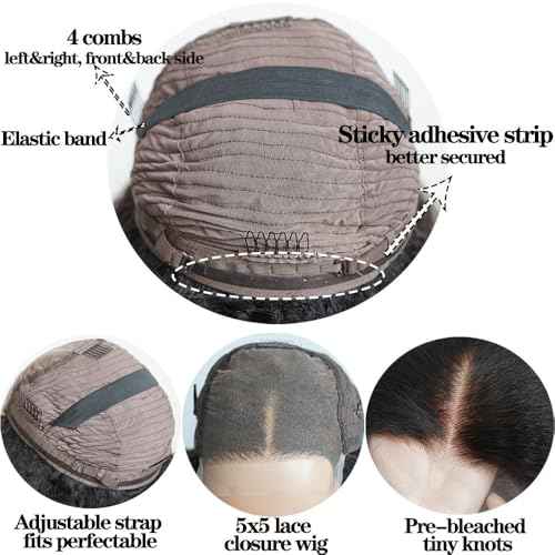 Kinky Straight and Body Wave Wig Glueless Pre Plucked Bleached Knots Lace Front Wig Melted Hairline Ready to Wear 5x5 HD Lace Closure Wigs Human Hair for Women 180% Density (14inches)