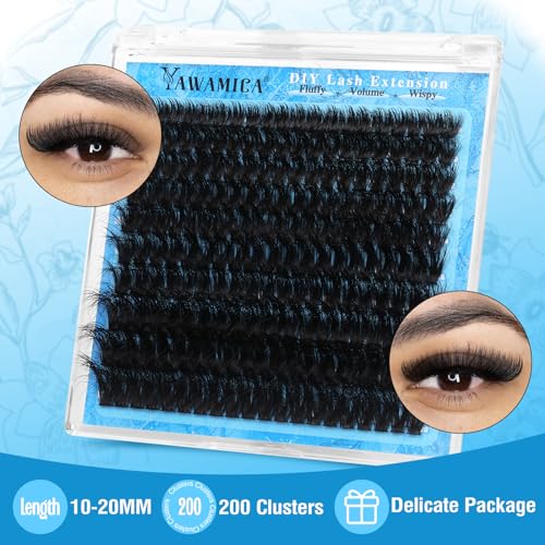 Yawamica Lash Clusters Kit 200D Fluffier Volume Cluster Eyelash Extensions Kit 10-20mm DIY Lash Extension Kit with Lash bond and Lash Remover and Lash Applicator for DIY Lash (200D-10-20MM Kit)
