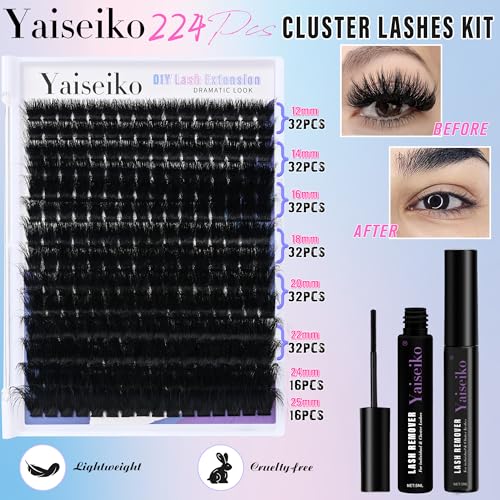 Mega Lash Clusters Kit 300D Thick 12-25mm Volume Cluster Eyelash Extensions Kit 224Pcs Wispy Individual Lashes with Lash Bond and Seal and remover Eyelash Clusters Soft False Eyelashes by Yaiseiko