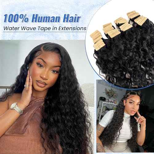 24 Inch Invisible Tape in Hair Extension Real Human Hair Curly Tape in Extensions 100G 40PCS Double Sided Bouncy Curly Water Wave Tape ins Human Hair Extension Black #1B Natural Color