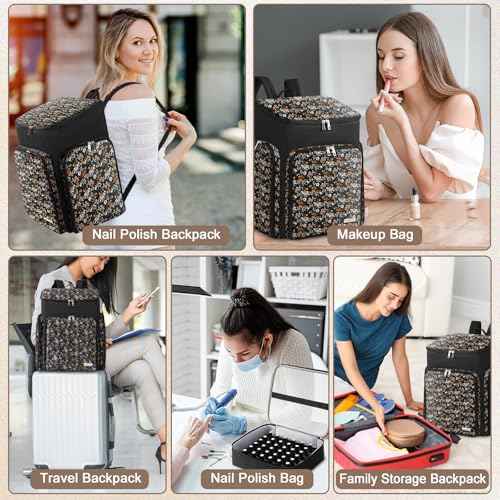 DERSTUEWE Floral Pattern Nail Polish Storage Backpack, Large Capacity Organizer Case with Multiple Compartments, Black