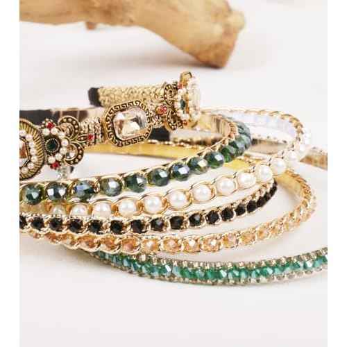 YARN & INK 7 Pcs Women's Champagne Gold Rhinestones Headbands for Women Girls, 80s Pearsl Headband Party Headwear Vintage Bling Christmas Gift (Mix Hairbands)
