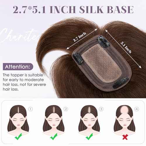 Hair Toppers for Women Real Human Hair 16 Inch Long Straight Toppers for Women with Thinning 7 * 13CM Silk Base Clip in Hairpieces with Bangs (Medium Brown)