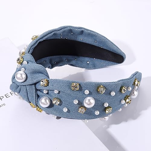 Pearl Knotted Headband for Women White Pearl Rhinestone Crystal Jeweled Embellished Hairband Fashion Elegant Ladies Wide Top Knot Bride Boho Head Band Headpieces Bachelorette Party Hair Accessories