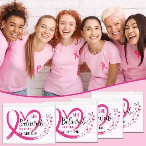 Jansun 50 Pcs Breast Cancer Awareness Make up Bag Pink Ribbon Cosmetic Bags Zipper Travel Toiletry Bag Breast Cancer Survivor Gifts for Woman Girls Charity