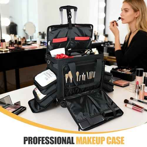 Rolling Makeup Bag with 4 Removable Bags,Professional Makeup Bag with Brushes Storage Section.Cosmetic Bag with Detachable Dividers (Patent Design)(Black)