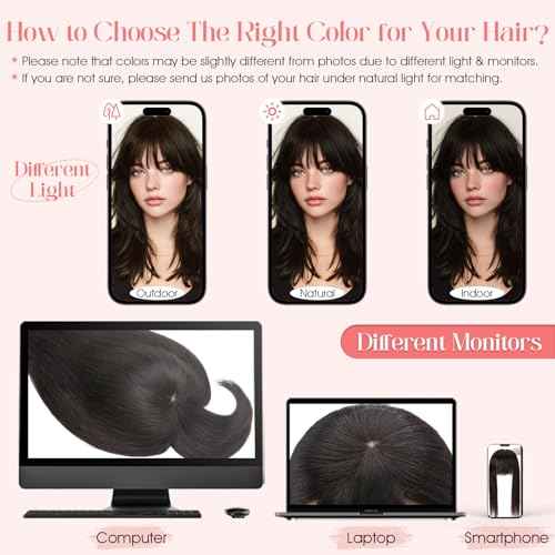 Hairro Mono Hair Toppers with Bangs, 3.4" x 3.4" Mono Base 100% Real Human Hairpieces for Women, 150% Density Clips In Topper for Greyish Thinning Hair, 18 Inch Medium Brown Mix Dark Blonde