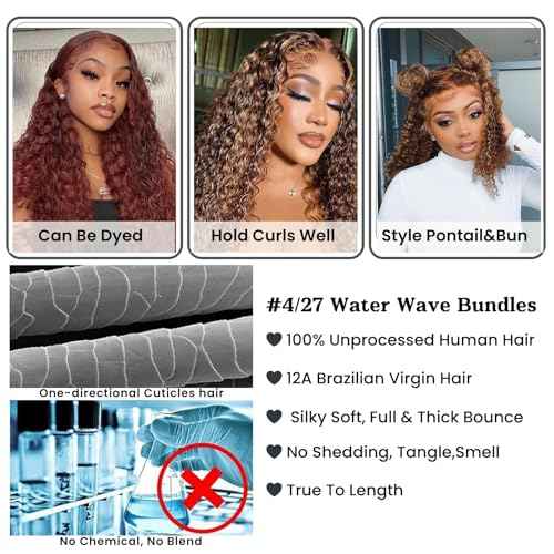 ALHER Soft Thick Wet And Wavy Ombre Honey Blonde Human Hair Bundles, 12A Highlight Brown Water Wave Bundles 100% Brazilian Virgin Human Hair 3 Colored Curly Weft #P4/27 Piano Color 12 14 16 Inch