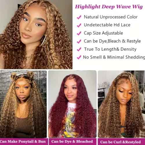 Highlight Honey Blonde Deep Wave Lace Front Wig 13¡¿6 Ombre P4/27 Highlight colored Lace Front Wigs Human Hair Pre Plucked Bleached Knots 200% Density (13x6 Honey Deep, 18 inch)