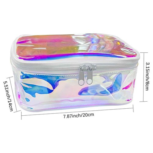 TotePrint TPU Holographic Clear Makeup Bags Bulk,Clear Storage Bag Toiletry Pocket Portable Zippered Iridescent Pouch Waterproof Cosmetic travel Bags with white zipppe for Women