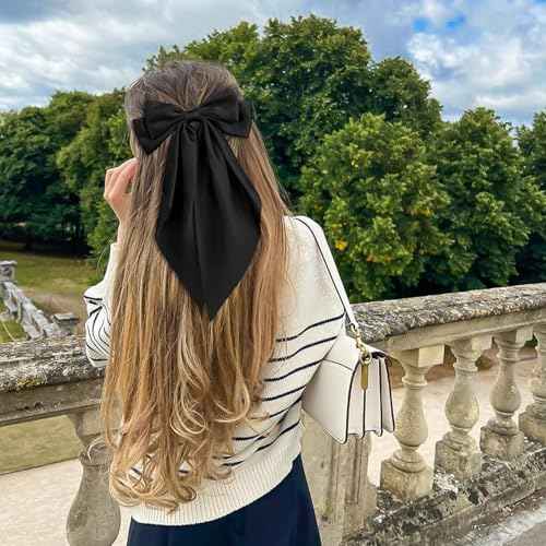 4 Pcs Hair Bows for Women Big Ribbon Bows for Hair Long Tail Bow Hair Clips Cute Hair Barrettes Hair Accessories for Girls (Black + Beige + Khaki + Curry)