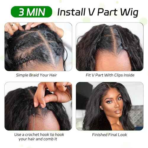 V Part Wig Human Hair Kinky Straight Wig Human Hair For Women Glueless Yaki Straight Half Wigs For Black Women Full Head Clips In No Leave Out Natural Color 150% Density 22 Inch