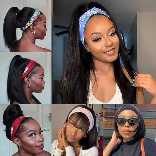 Headband Wig for Women Black Straight 26 Inch Wigs Human Hair Glueless Wear and Go 180% Density Ready to Go No Lace Glueless Wig with Headband Beginners Friendly Natural Black
