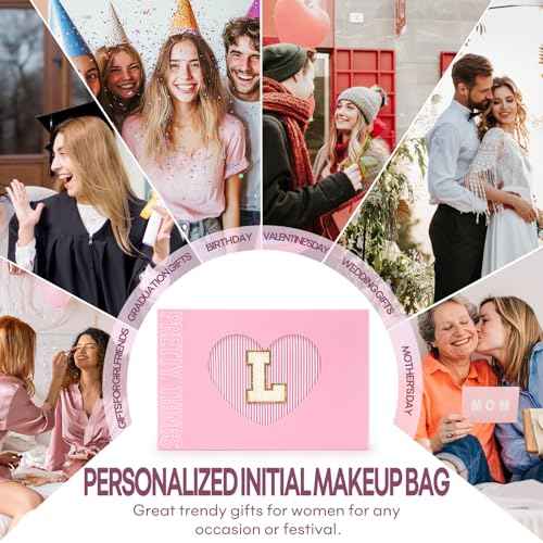 2 PCS Initial Makeup Bags for Women: Cosmetic Bag for Travel Toiletry - Birthday Gifts for 11 12 13 14 15 16 17 18 Years Old Girl Graduation Teacher Gift- Teen Girl Gifts Trendy Stuff - Pink L