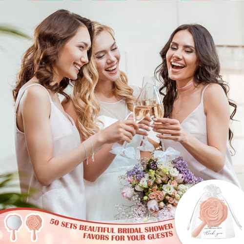Wenqik 50 Sets Bridal Shower Favors Rose Compact Mirrors Bulk Wedding Favors for Guests Rose Compact Handheld Mirrors with Thank You Cards and Organza Bags Wedding Party Guests Souvenir Gifts (Pink)