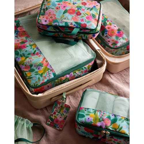 RIFLE PAPER CO. Travel Toiletry and Cosmetic Case | Multi Pocket Makeup Organizer Bag, Zipper Closure, Removable Clear Pouch, Lay Flat Design | Garden Party Pattern
