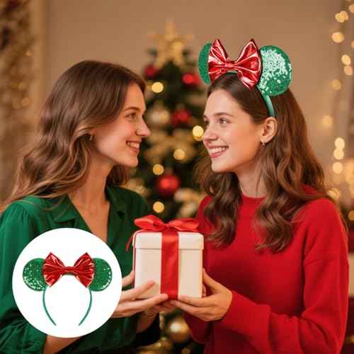 Christmas Mouse Ears Headbands for Women Red Bow Mouse ear Headband Sequin Green Hairbands Birthdays Party Hair Accessories