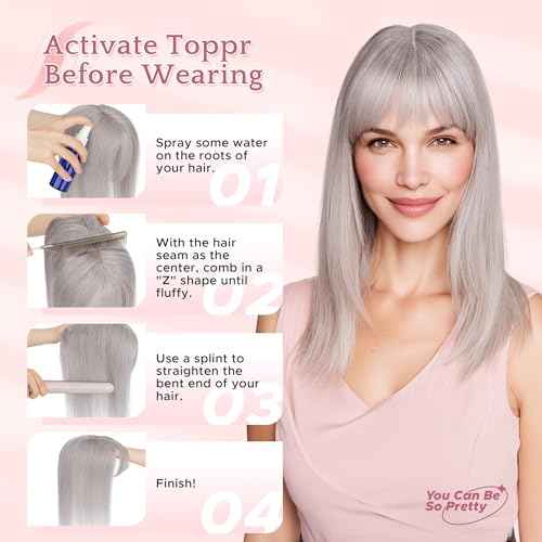 SEGO Grey Hair Toppers for Women Real Human Hair With Bangs, 7 * 13 CM Silk Base Clip In Topper Wiglet, Top Pieces for Women with Thinning Hair -10 Inch #G1 Silver Grey