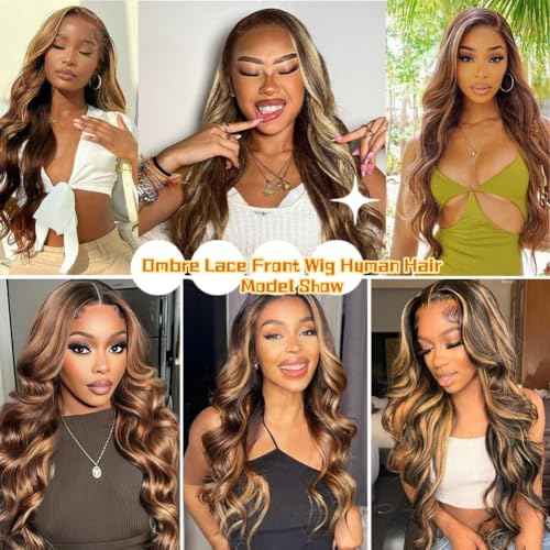Sunelk 26 Inch Honey Blonde Ombre Lace Front Wig Human Hair Highlight Body Wave Wig 13x6 Lace Front Wigs Human Hair Pre Plucked 200 Density 4/27 Colored HD Lace Frontal Glueless Wigs for Black Women