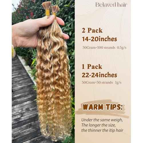 27P613 Curly I Tip Hair Extensions Human Hair Water Wave Cold Fusion Itip Flawless Microlinks Hair Extensions Invisible Blends Naturally Individual Strands for Black Women 50G Brown to Blonde 20inch