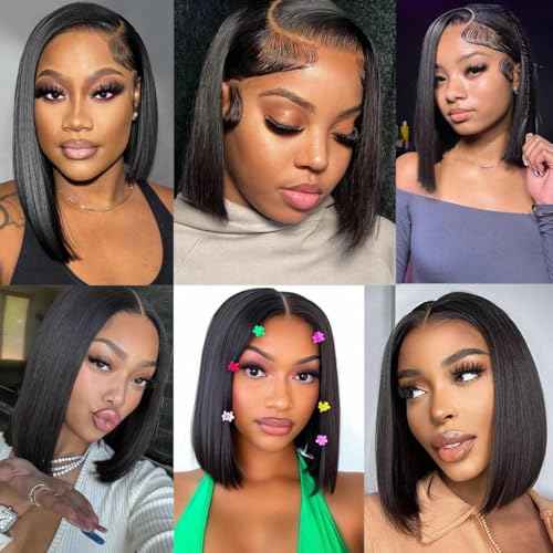 Caijuxing Bob Wig Human Hair 13x4 Straight Hd Lace Front Wigs with Baby Hair 180% Density Glueless Wigs Human Hair Pre Plucked Short Bob Wigs for Women (14 Inch)