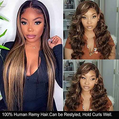 UNice Brown Blonde Straight Human Hair Weave 3 Bundles, Brazilian 100% Virgin Unprocessed Remy Hair Ombre Highlight Color Hair Extensions 100g/pc (10 12 14)