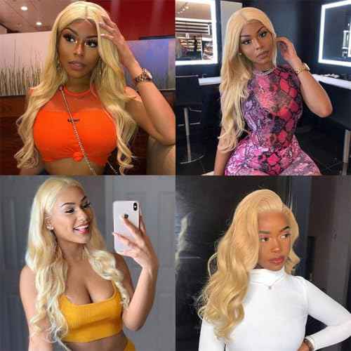 613 Hair Body Wave Bundles with Closure 613 Honey Blonde Bundles with Lace Closure Brazilian Virgin Body Wave 3 Bundles with 4¡¿4 Lace Closure 150% Density Free Part (14 16 18+12C)