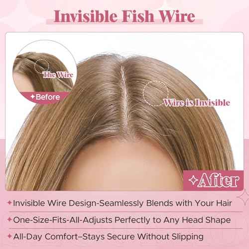 Halo Hair Extensions for Women Human Hair with Invisible Transparent Wire Adjustable Size 2 Secure Clips Long Straight Secret Hairpiece 20 Inch 4RP27R Medium Brown Mixed Dark Blonde