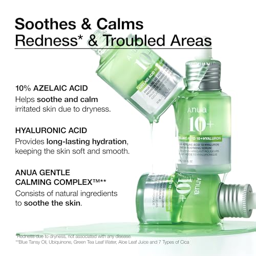 Anua Azelaic Acid 10 Hyaluron Redness Soothing Serum, Facial Serum for Troubled & Sensitive Skin, Breakouts, Hyaluronic Acid, Niacinamide, Spot Care, Natural Color, Korean Skincare (30ml/ 1.01 fl oz.)
