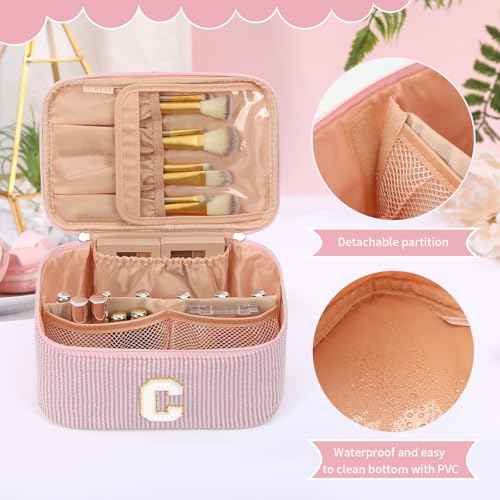 OCHEAL Makeup Bag for Women, Monogram Cosmetic Bag with Brush Holder, Pink Travel Makeup Case Beauty Toiletry Bag Organizer Personalized Gifts for Girls Bridesmaid, Sister, Wife, Friends Initial C