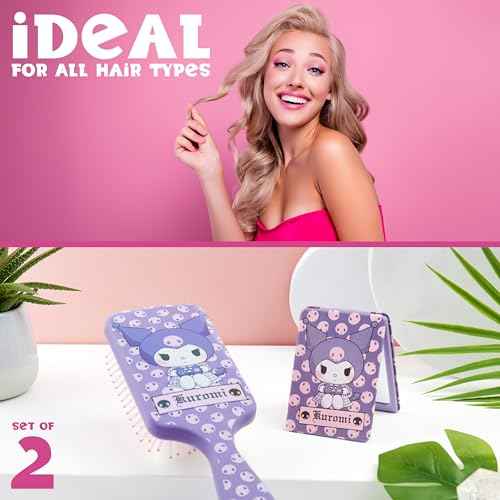 Hello Kitty Hair Brush and Compact Mirror Set for Girls, Teens, Women, Detangler Brush, Kawaii Cute Stuff, Makeup Gifts for Her (Kuromi Brush & Mirror)