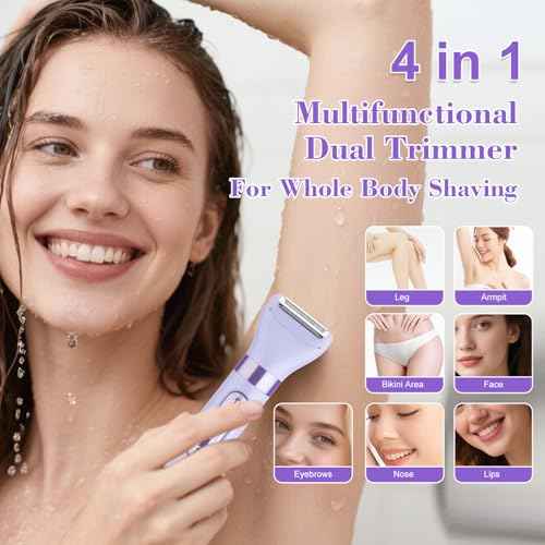 Hatteker 4-in-1 Women's Electric Razor, Dual-Head Body Hair Trimmer for Women, IPX7 Waterproof Rechargeable Bikini Trimmer & Facial Hair Remover for Legs, Armpits, Face, Nose, Eyebrows, Purple