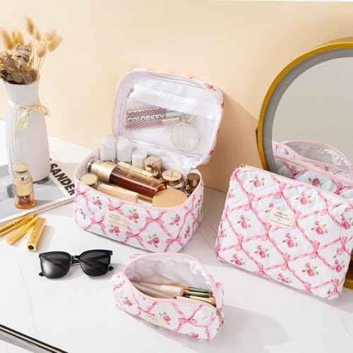 Makeup Bag for Women 3PCS Quilted Cotton Make Up Bag Travel Cosmetic Bag Large Makeup Bag Set Cute Bow Makeups Organizer Floral Toiletry Pouch for Purse, Pink