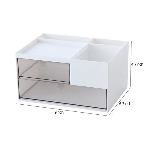 MILULUGO Makeup Organizer with 2 Drawers, Desk Organizer, 4 Compartments, Cosmetics Storage Box for nail polish,Lipstick, Brushes, Jewelry, Skincare, Bathroom Organization Boxes - White