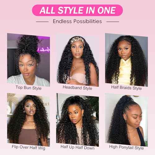 BGM GIRL Half Wig Human Hair Water Wave 3 in 1 Wigs Beginner Friendly Flip Over Drawstring Glueless Wig Ready to Go Seamless Clip in Wigs Natural Black Color 18 Inch