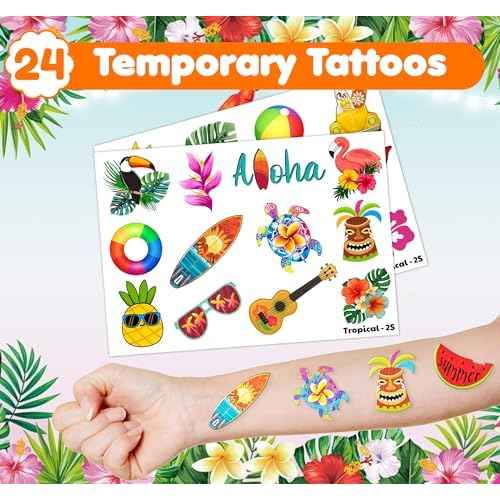 48PCS Hawaiian Party Set - 24PCS Temporary Tattoos & 24PCS Slap Bracelets - Summer-Themed Birthday Supplies, Baby Shower Gifts, Classroom Rewards & Party Decor for Kids (Boys & Girls)