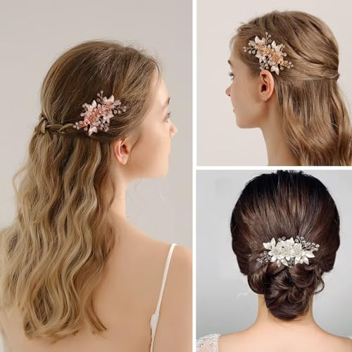 Wedding Hair Clips, Floral Rhinestone Pearl Hair Accessories for Bridal Women, Set of 3 (Rose Gold)