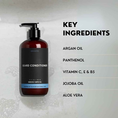 Roosevelt Supply Co. Beard Conditioner, Nourishing Formula with Argan Oil for a Softer, Healthier Beard, Anti-Dandruff, Reduce Split Ends, Panthenol & Aloe Vera - Unscented - 12 Fl Oz